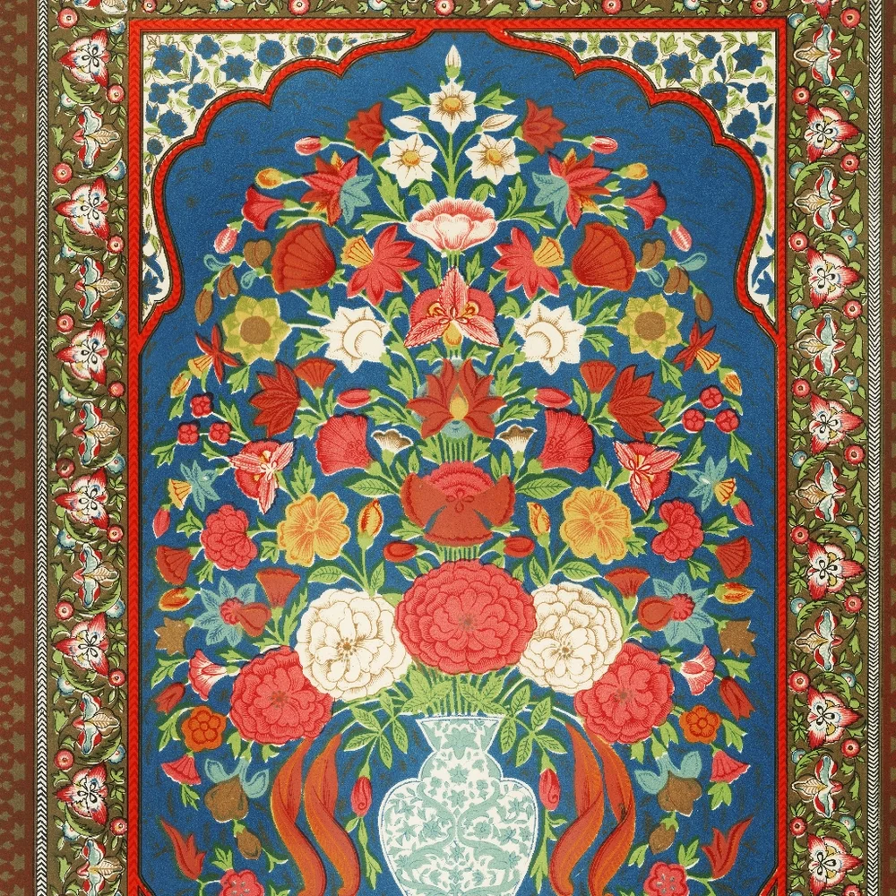 Floral Tapestry Art Print Blue and Red